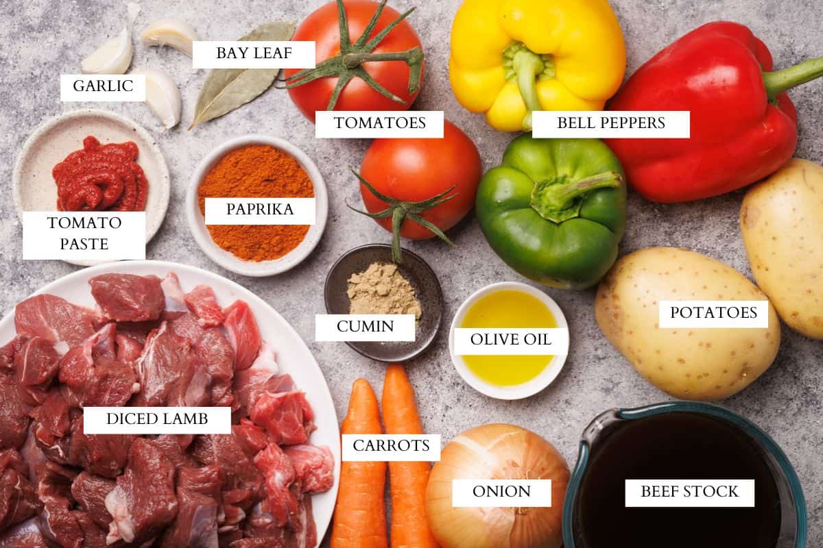Ingredients laid out to make Hungarian lamb goulash.