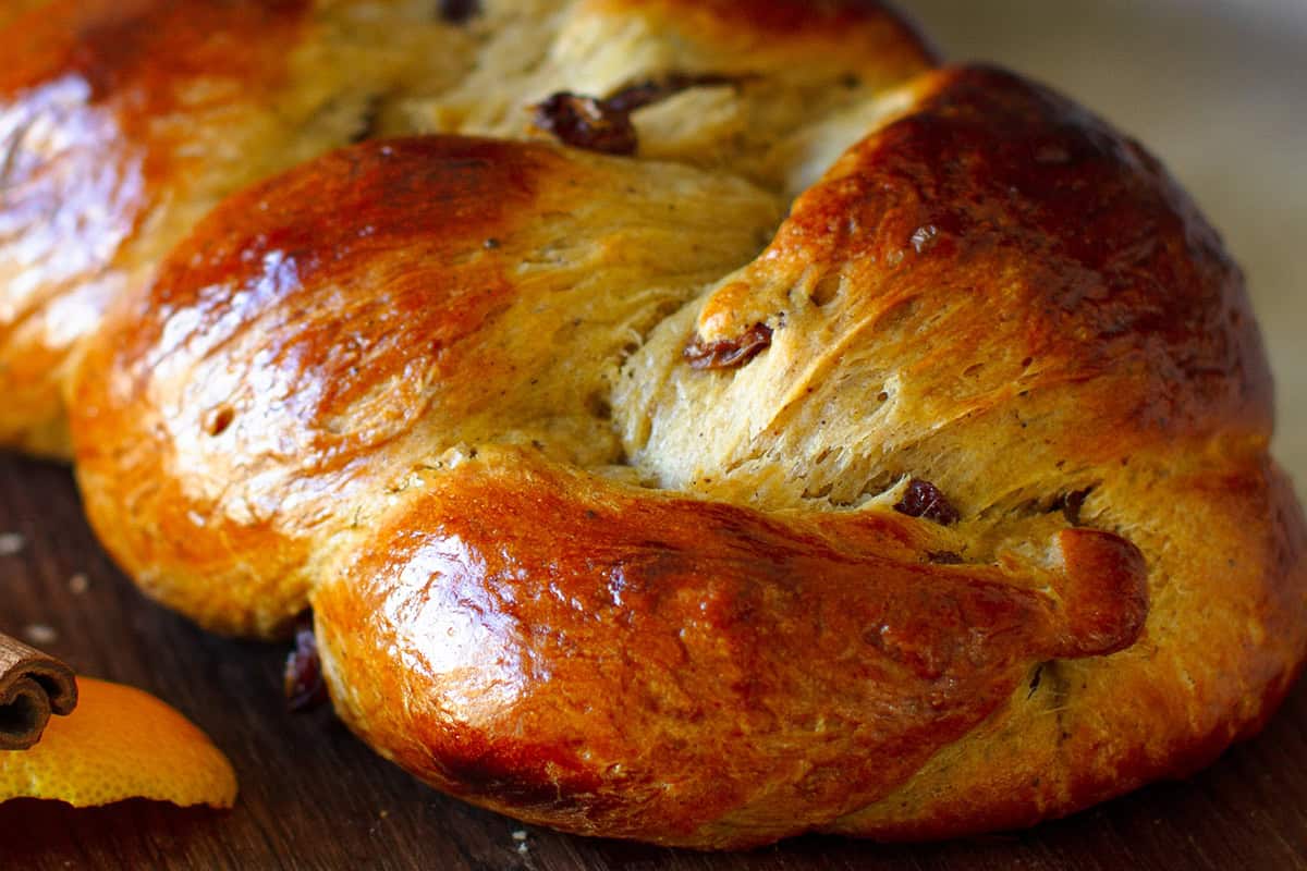 German Easter bread on a wooden board.