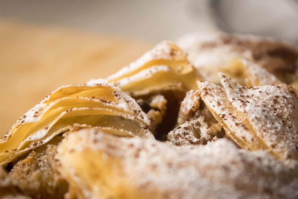 Strudel close-up with icing sugar and cinnamon.