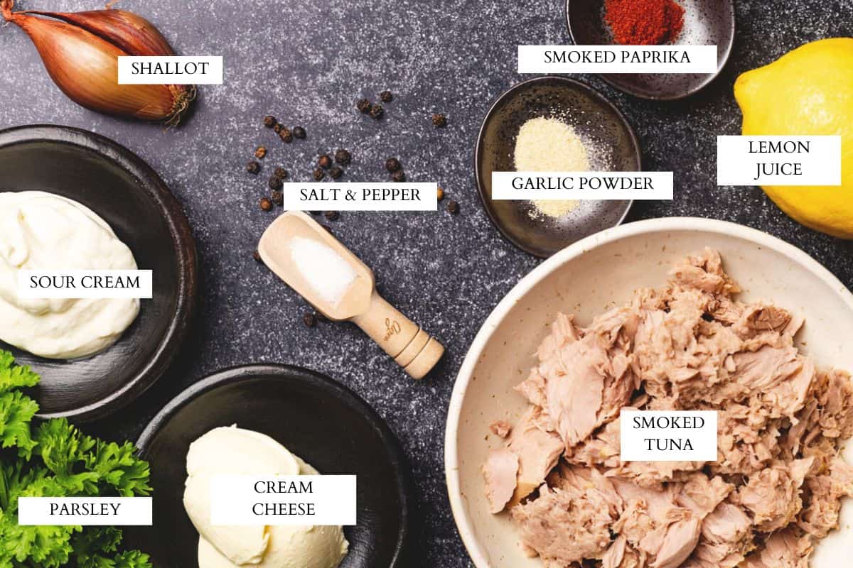 Ingredients laid out to make smoked tuna dip.