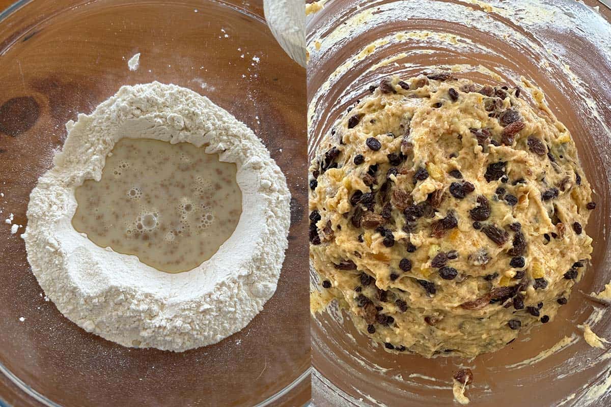 Activated yeast in a bowl and stollen dough.