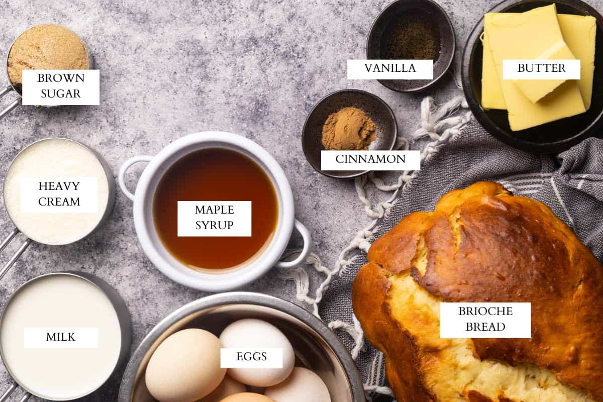 Ingredients laid out to make a French toast casserole.