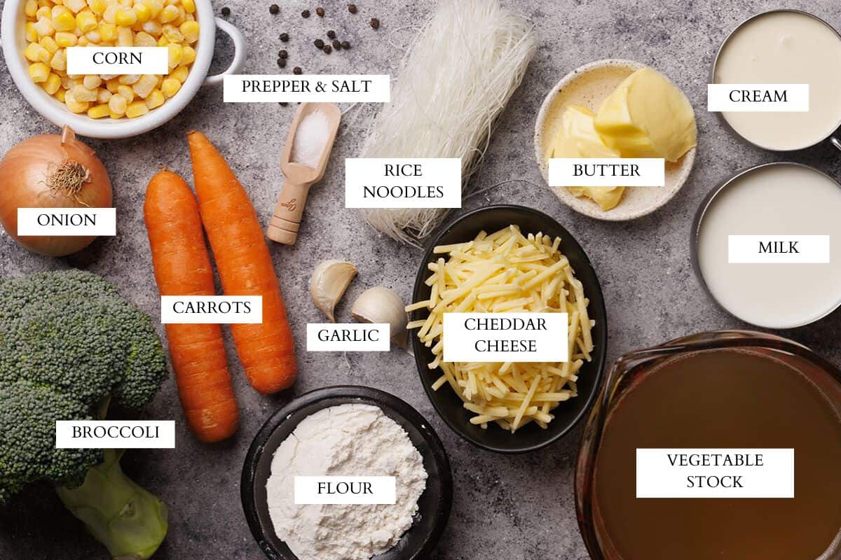 Ingredients laid out to make broccoli cheese soup.