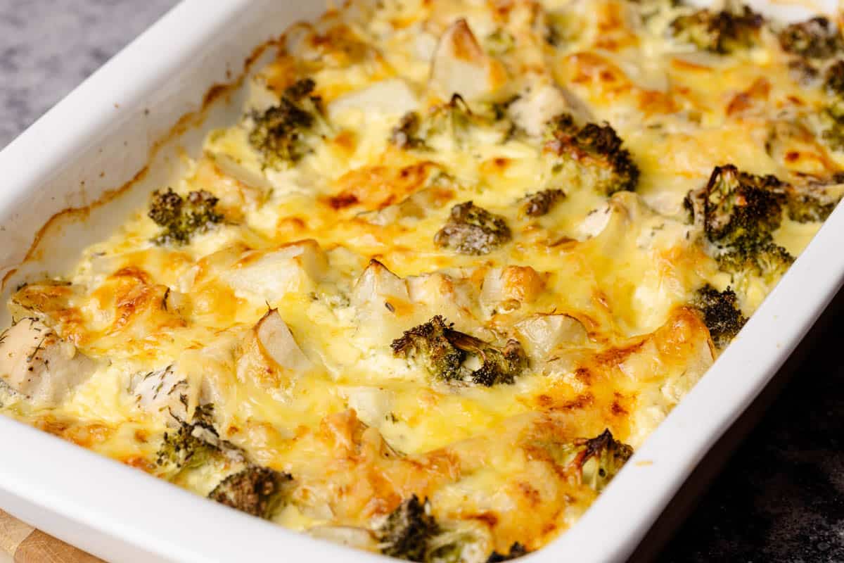 Chicken Potato Casserole in a white casserole dish.