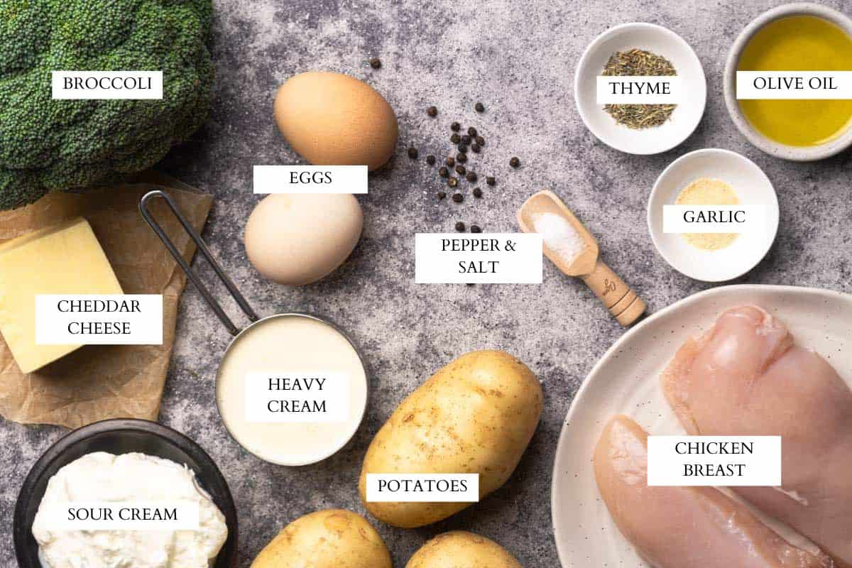 Ingredients laid out to make a chicken potato casserole.