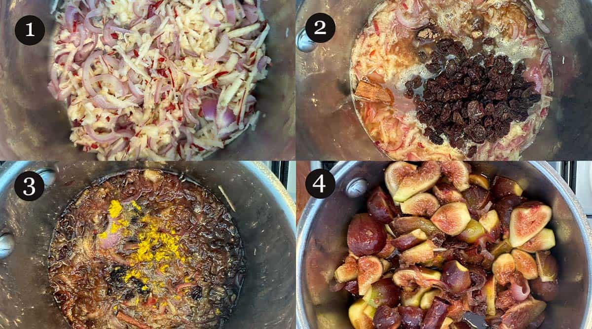 Steps 1-4 on how to make fresh fig chutney.