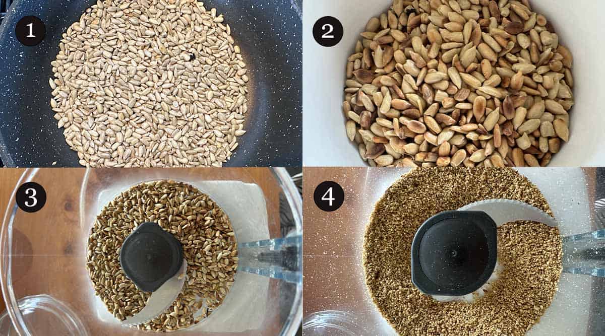 Steps 1-4 on how to make sunflower seed pesto.