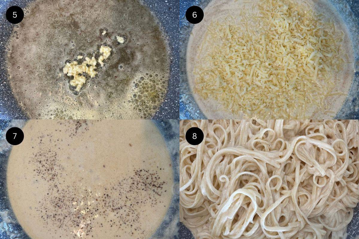 Steps 5-8 on how to make chicken alfredo with linguine.