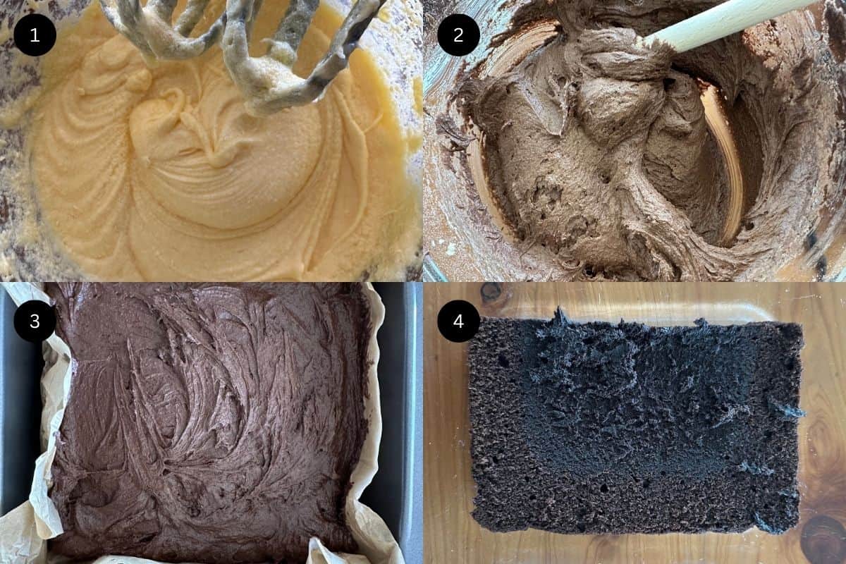 Steps 1-4 to make chocolate tiramisu.