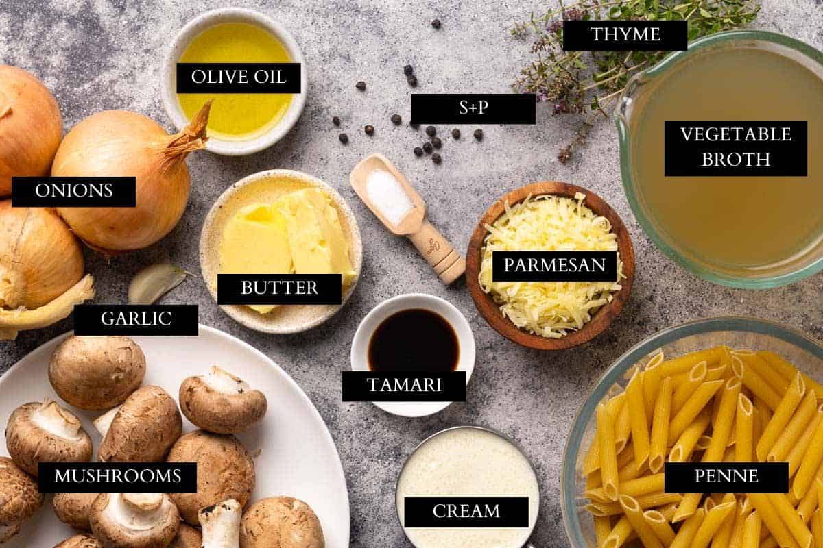 Ingredients used to make French onion pasta.