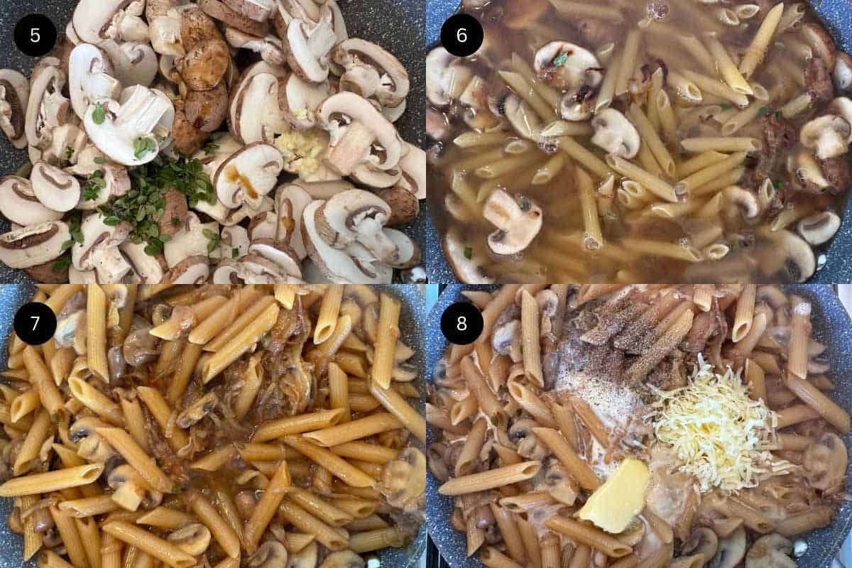 Steps 5-8 to make French onion pasta.