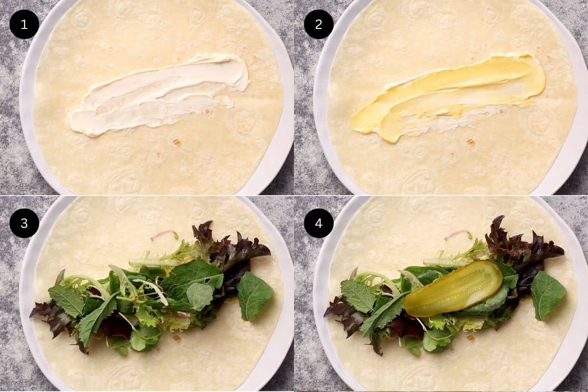 Step 1-4 to make a ham and cheese wrap.