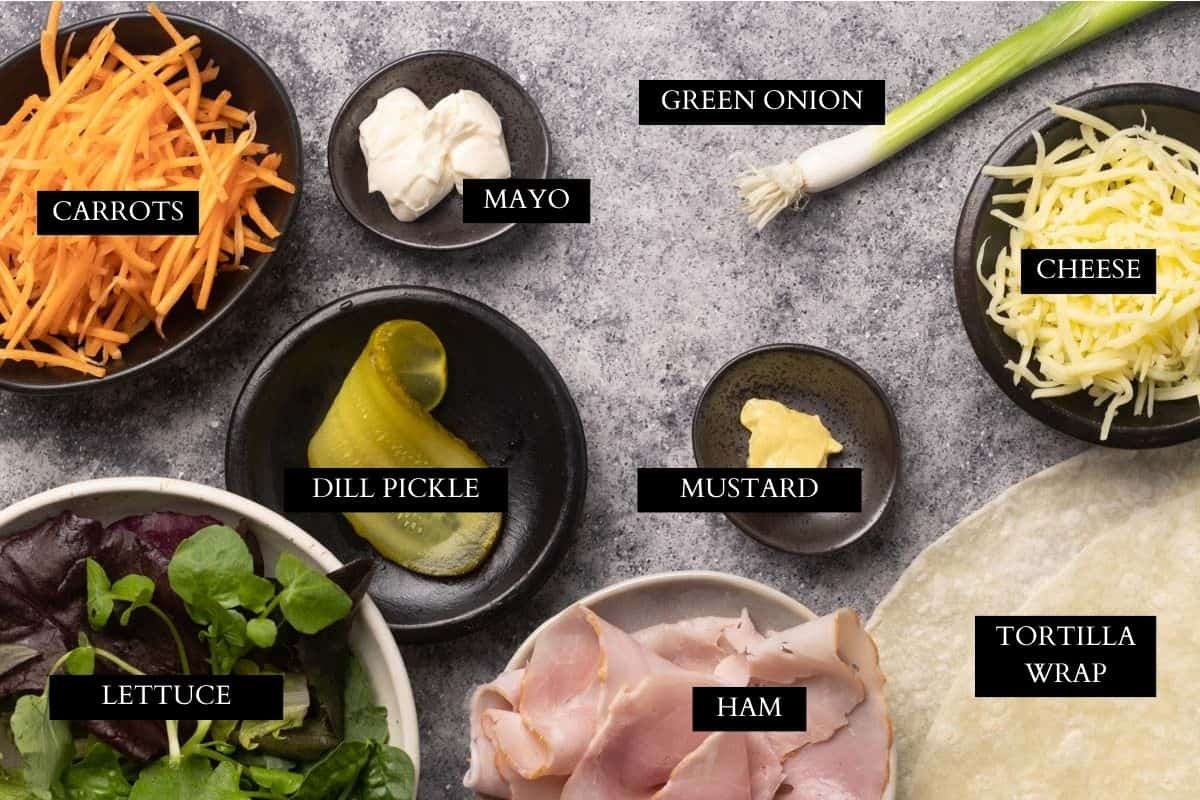 Overview of ingredients used to make a ham and cheese wrap.