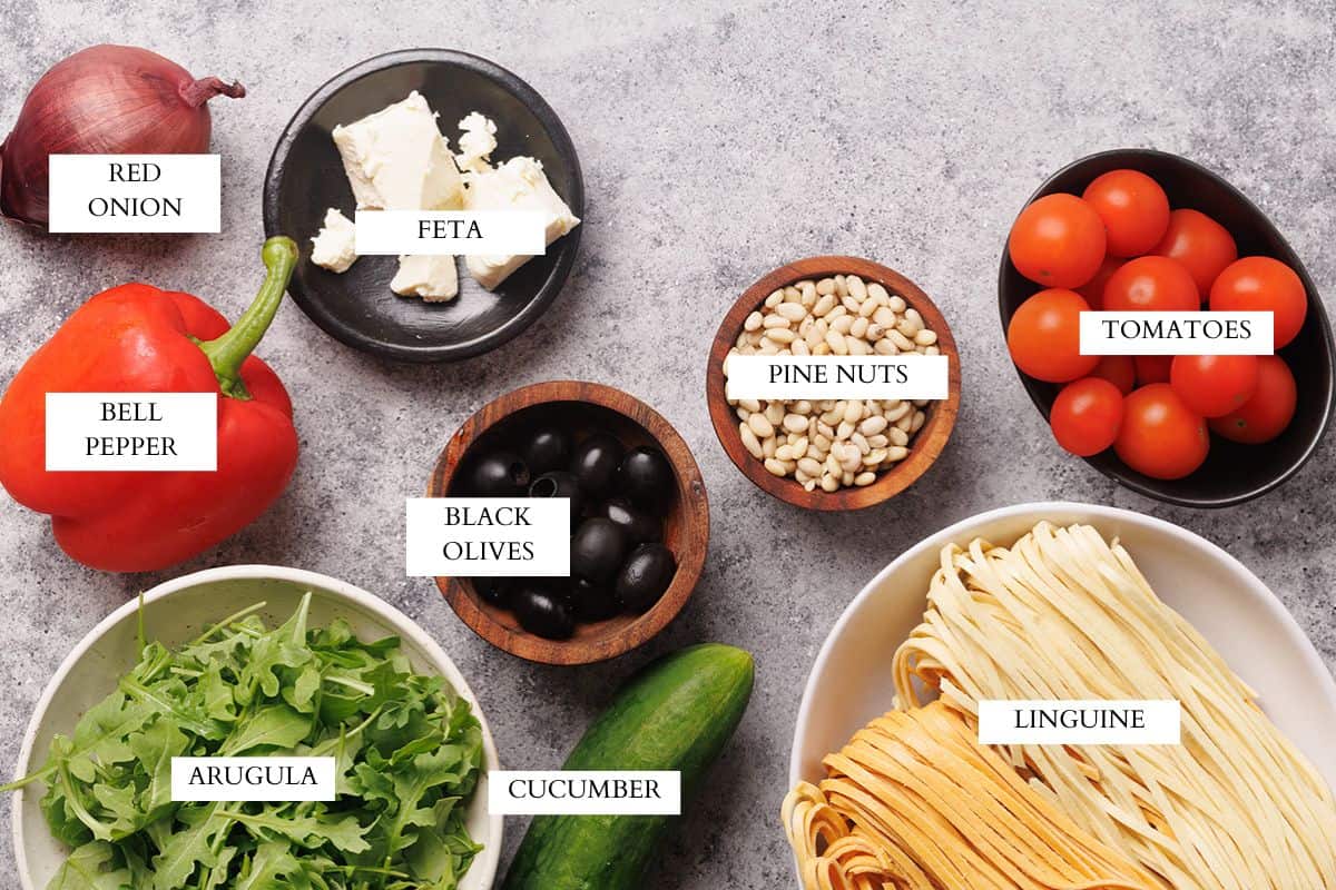 Ingredients laid out to make linguine salad.