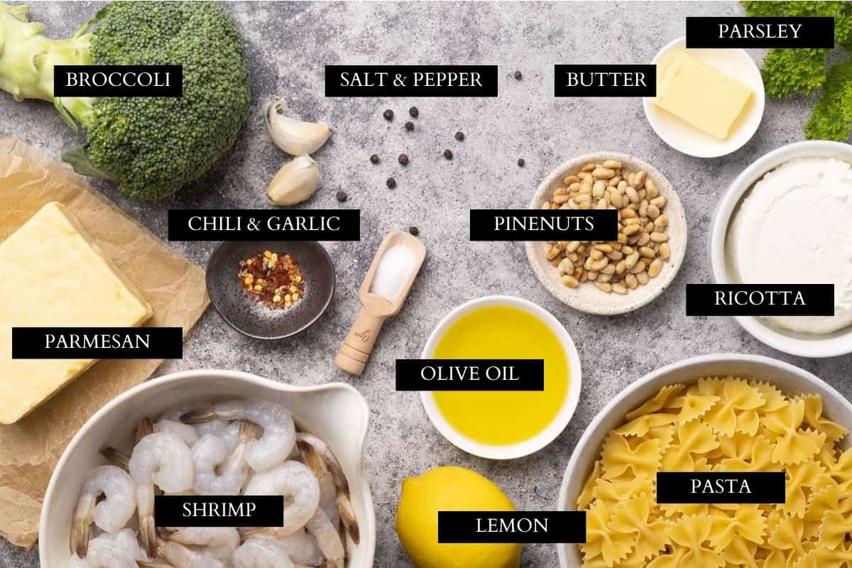 Ingredients needed to make shrimp broccoli pasta.
