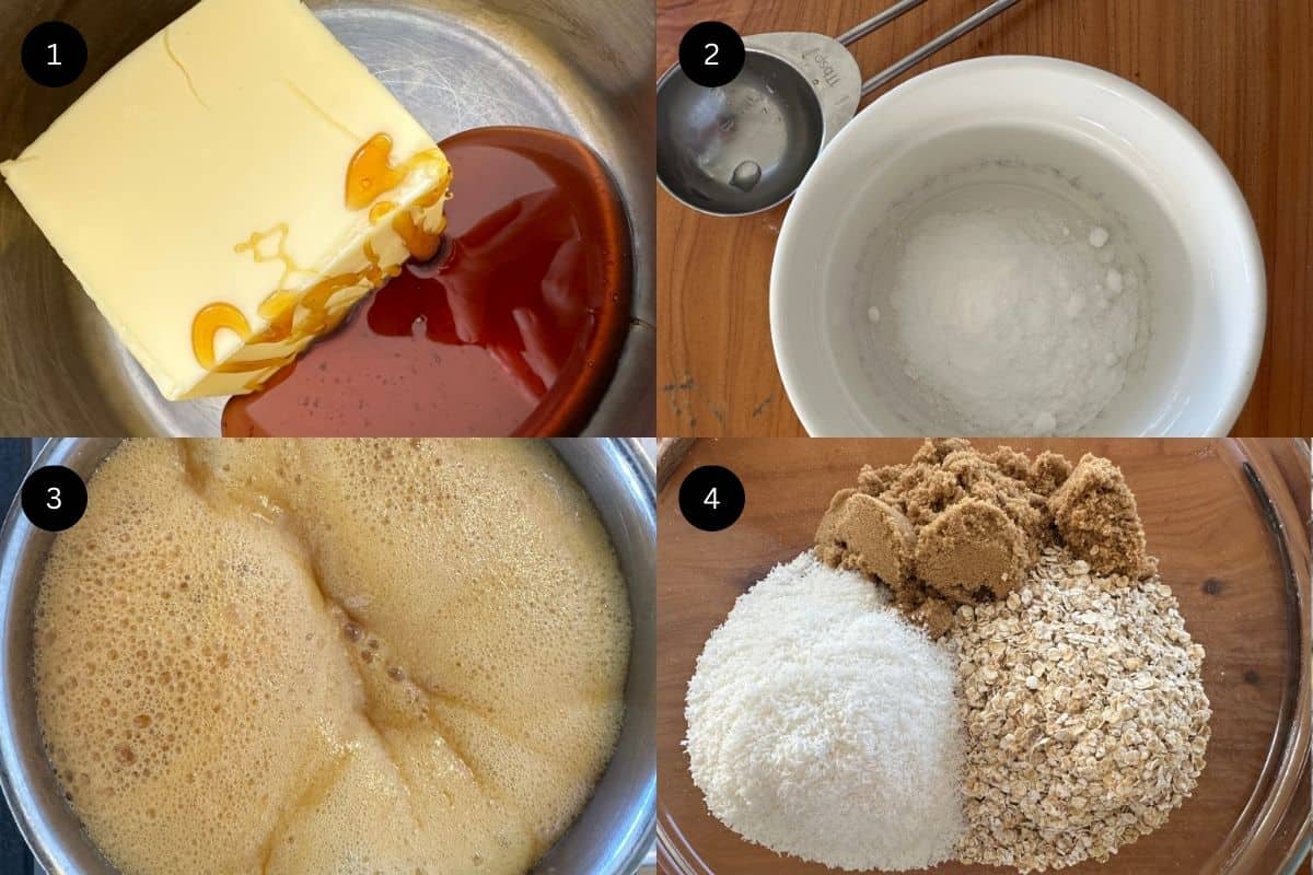 Steps 1-4 on how to make Anzac biscuits.