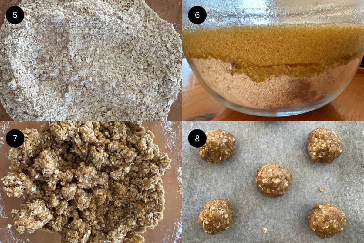Steps 5-8 on how to make Anzac biscuits.