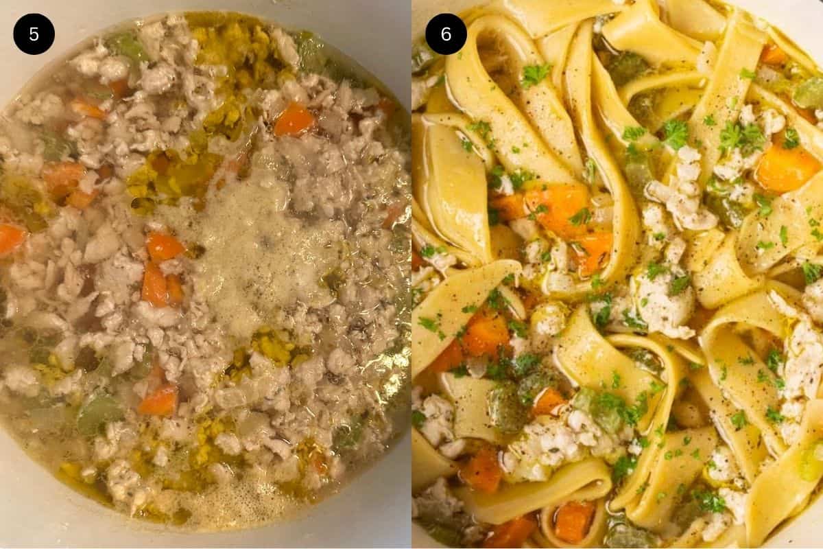 Steps 5-6 showing how to make chicken noodle soup.