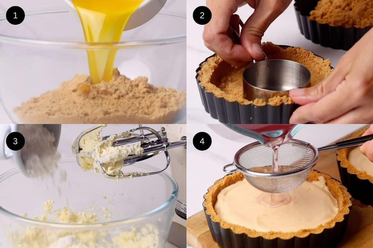 Steps 1-4 to make mini cheesecakes.