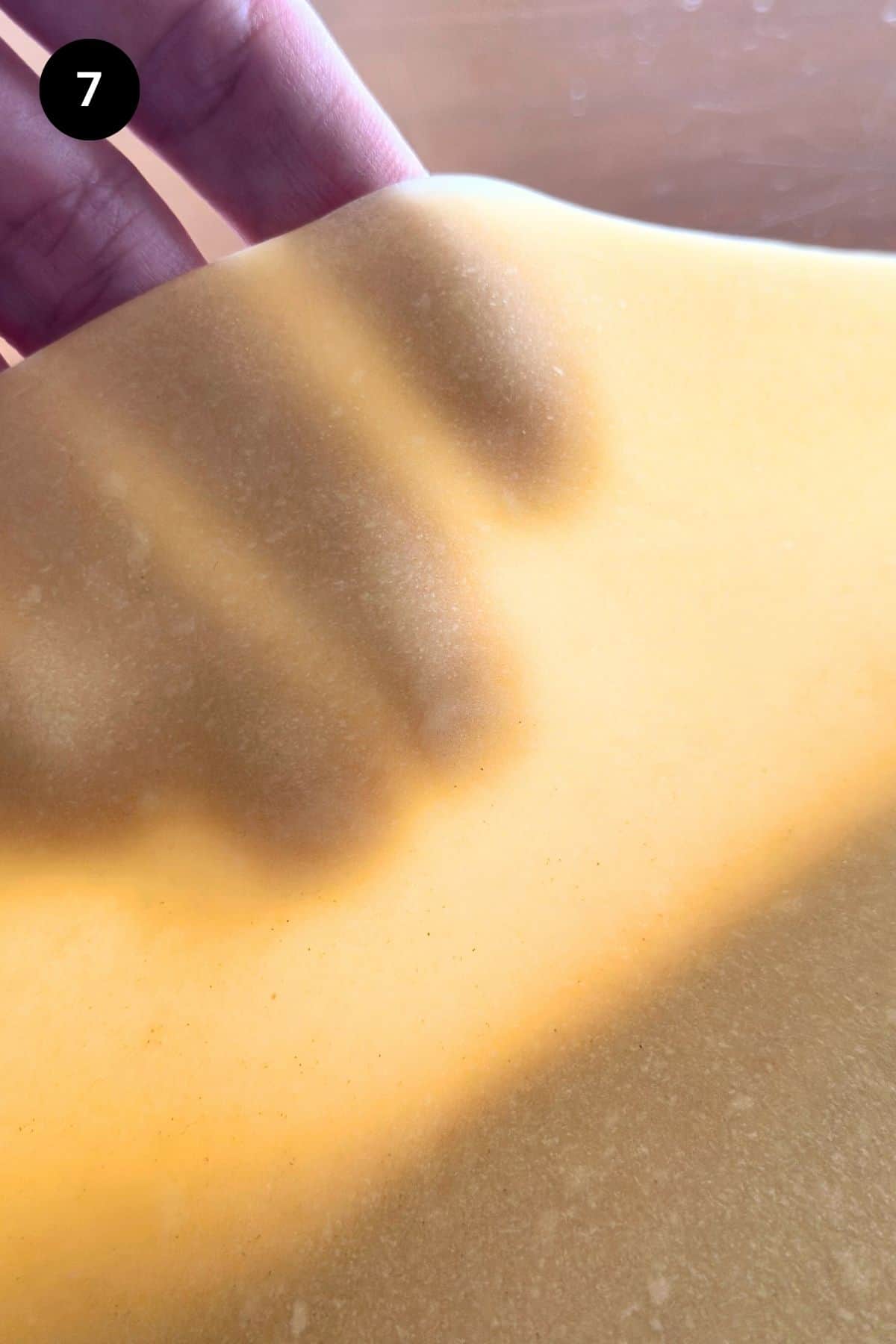 Rolled out thin pasta dough lifted up with a hand shining through.