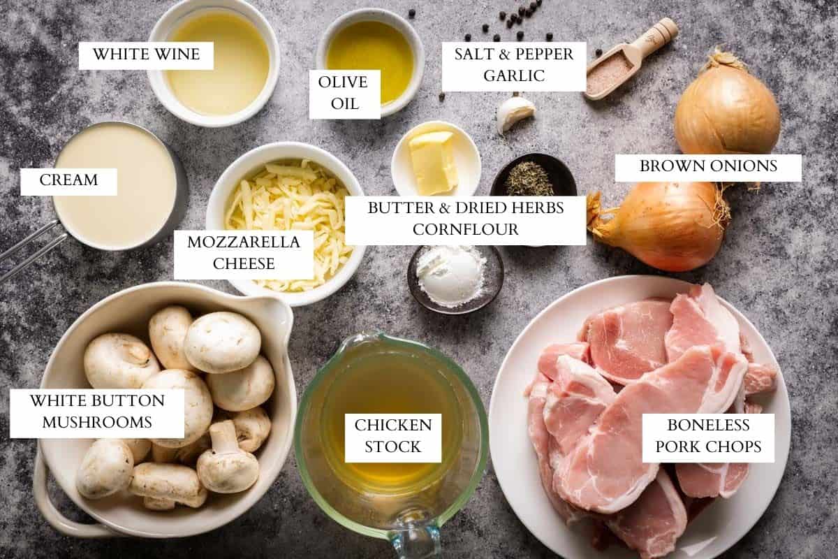 Ingredients needed to make a pork chop casserole.