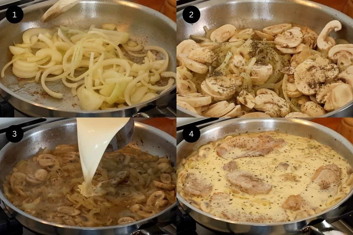 Steps 1-4 to make a pork chop casserole.
