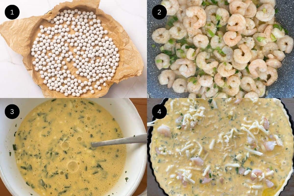 Steps 1-4 on how to make a shrimp quiche.