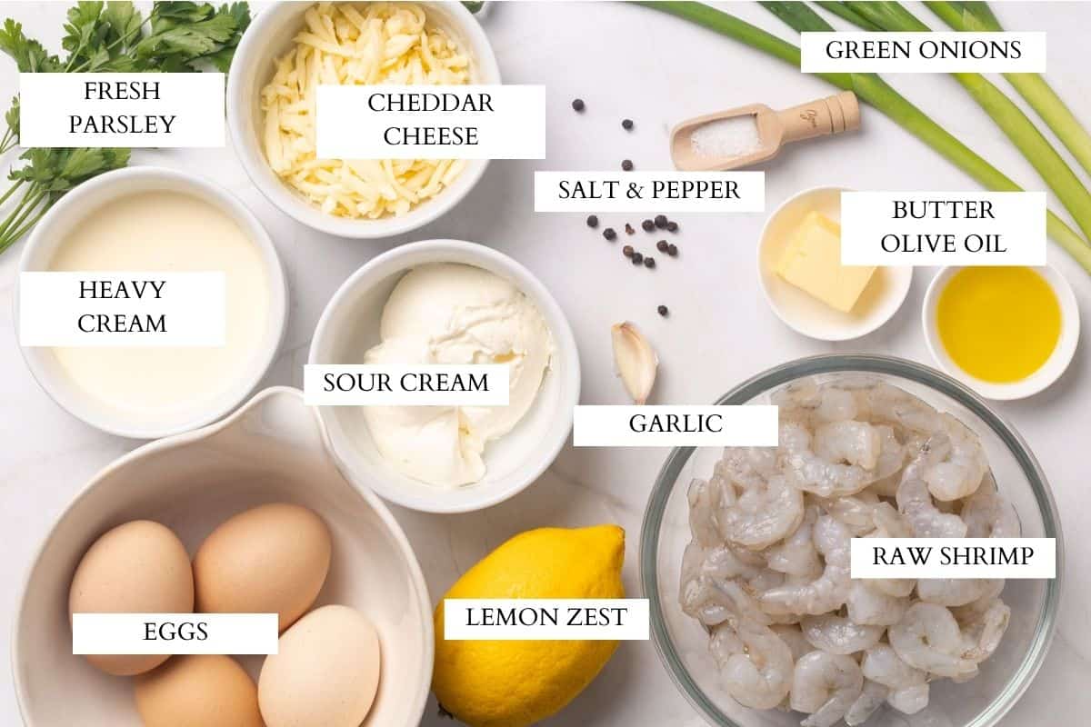 Ingredients needed to make a shrimp quiche.