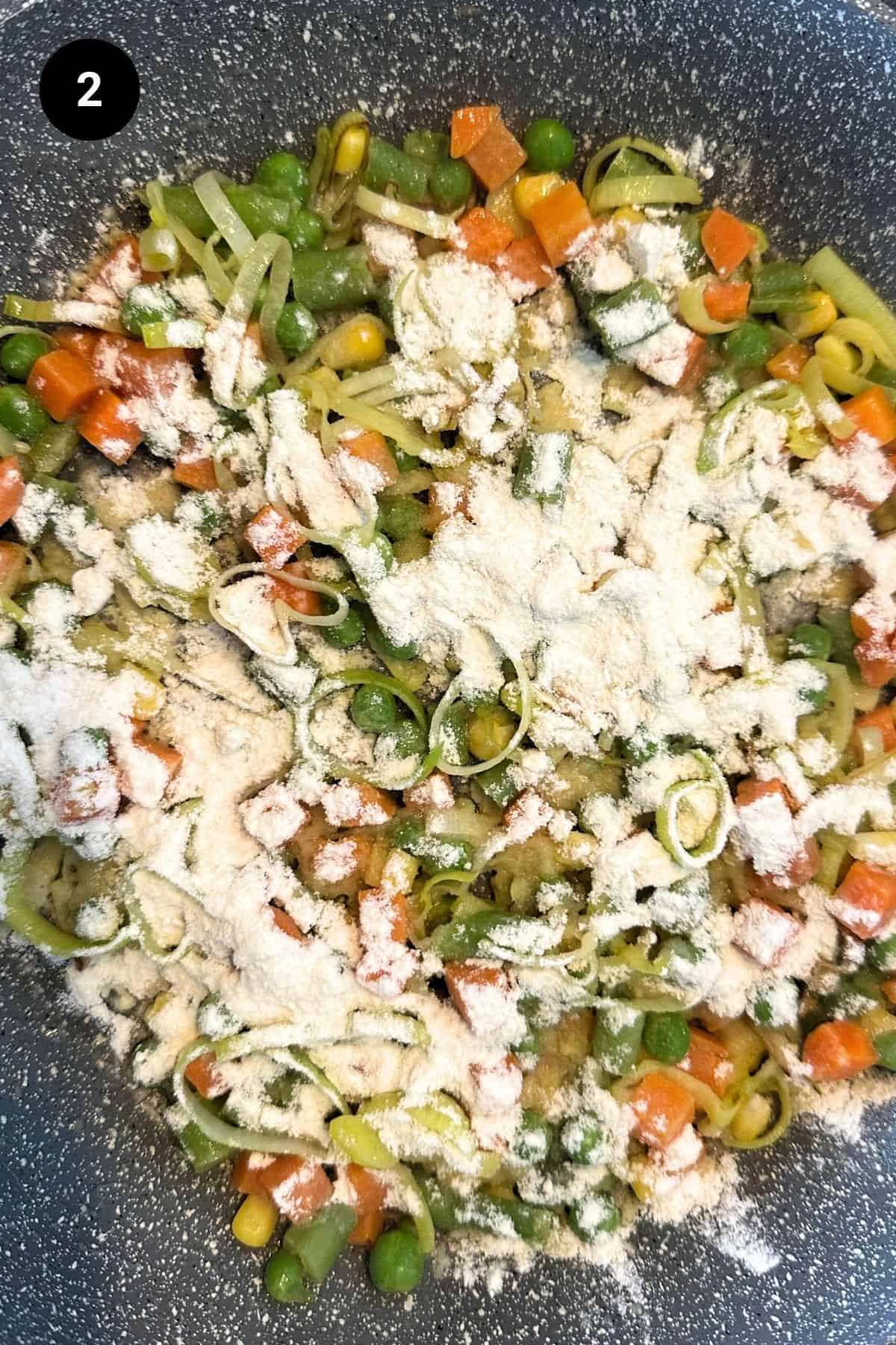 A pan filled with sautéd vegetables filling with flour.