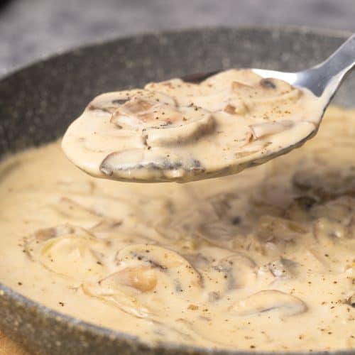 Mushroom sour cream sauce in a grey pan being scooped out.