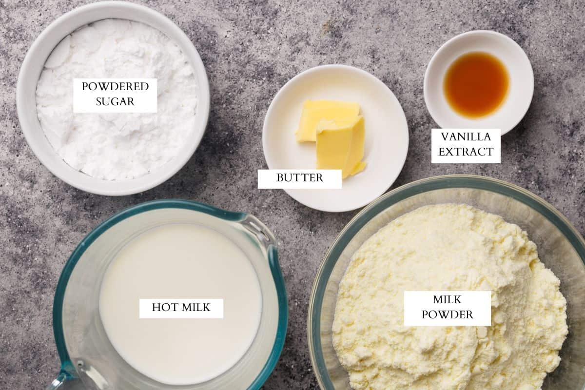 Ingredients laid out to make condensed milk.