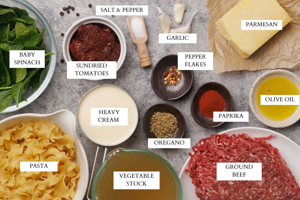 Ingredients laid out to make marry me meatball pasta.