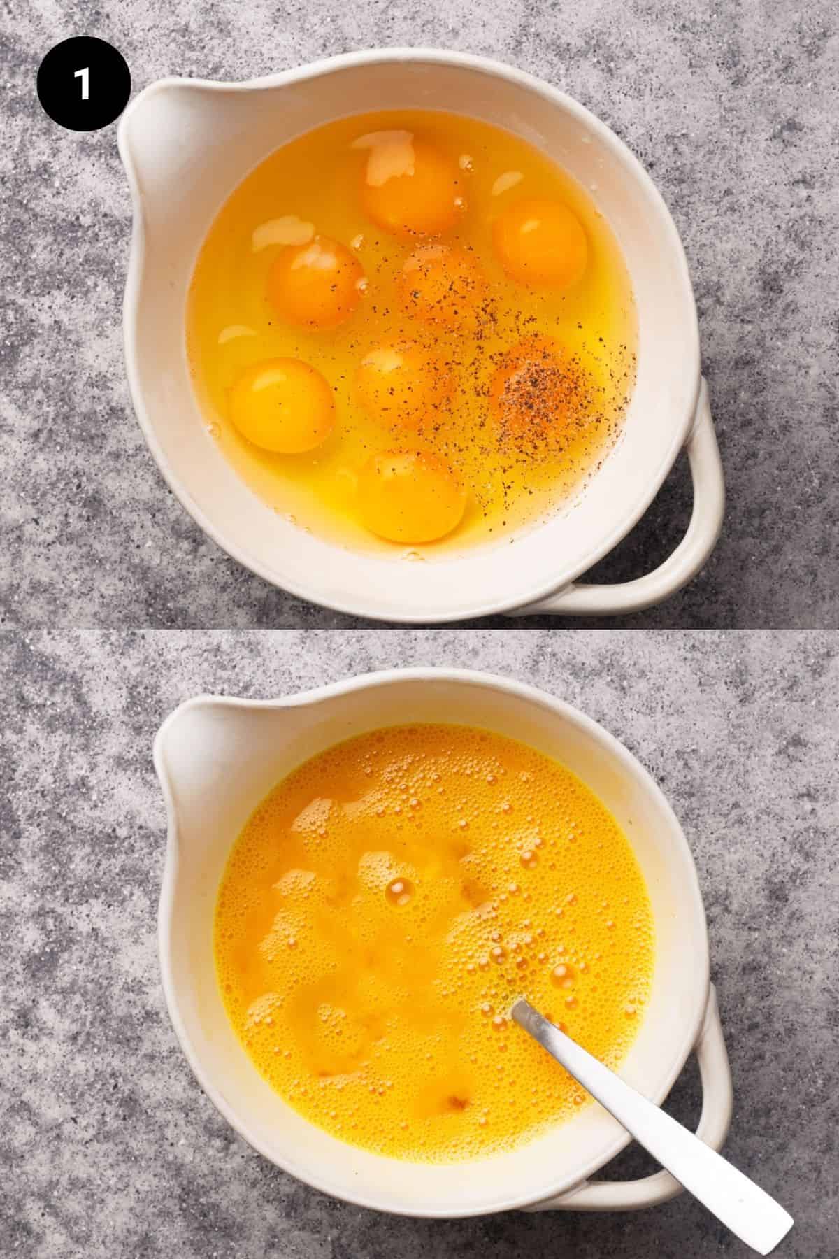 Cracked eggs in a white bowl.