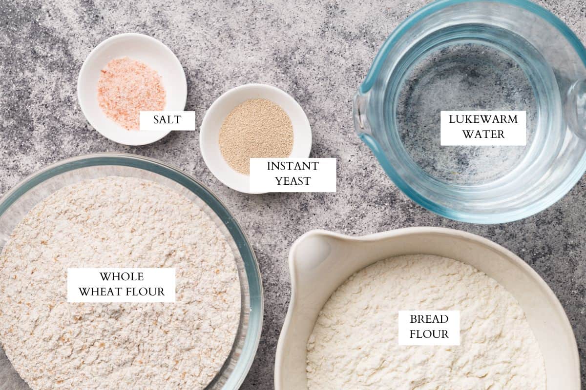 Ingredients laid out to make cold fermented bread.