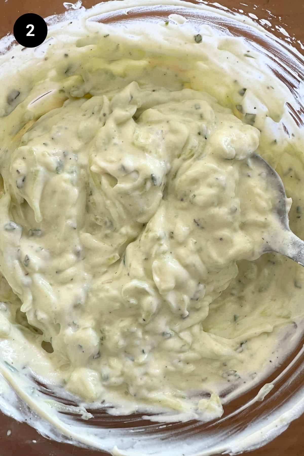 Mixed sauce in a glass bowl.