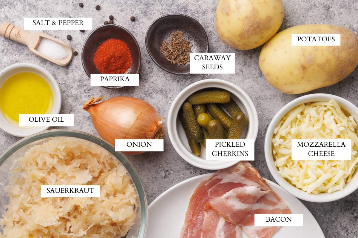 Ingredients laid out to make a sauerkraut casserole.
