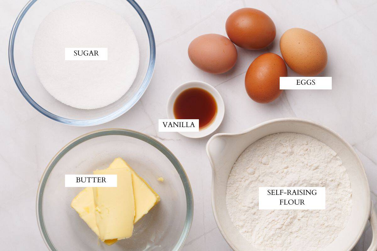 Ingredients laid out to make vanilla pound cake.