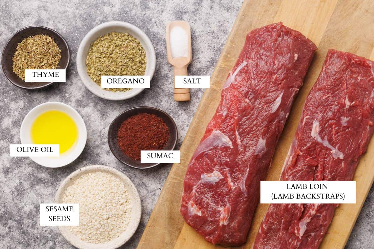 Ingredients laid out to make za'atar crusted lamb loin.