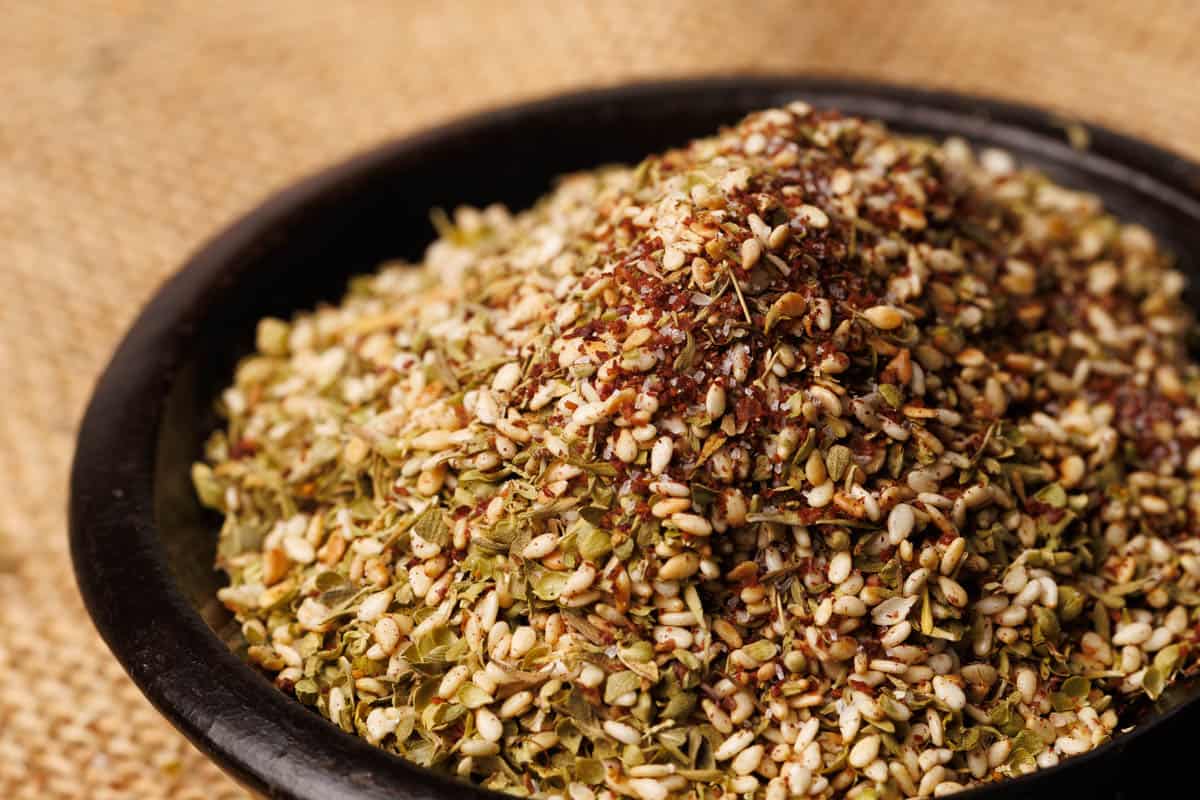 Homemade za'atar in a wooden bowl.
