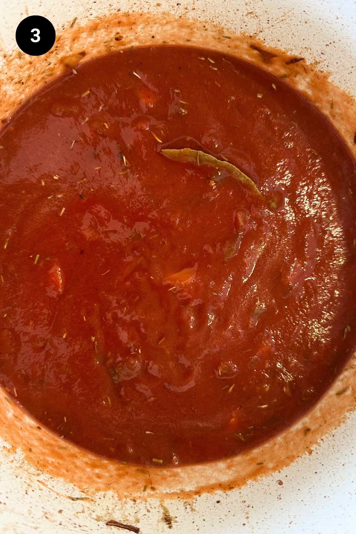 Tomato sauce in the Dutch oven.