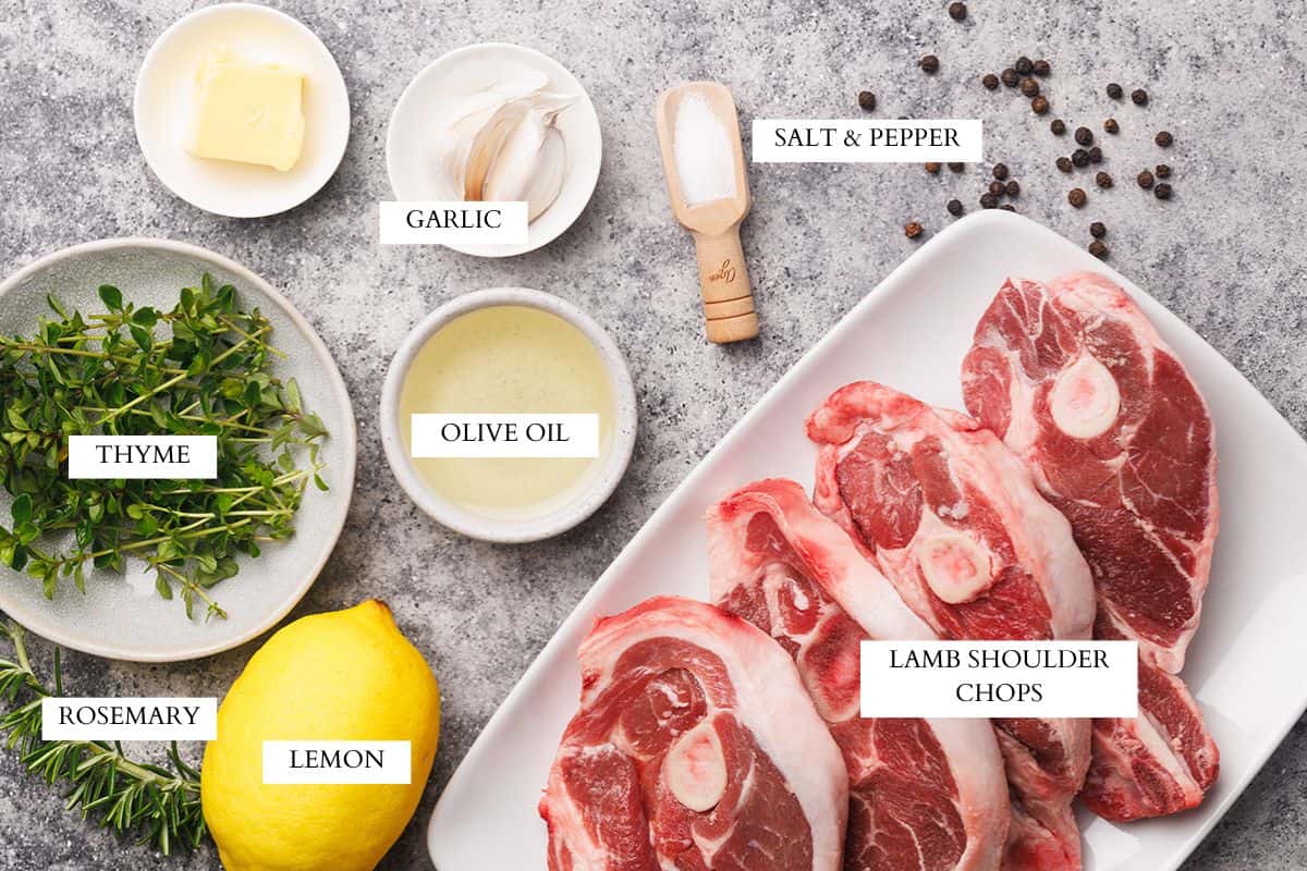 Ingredients laid out to pan fry lamb shoulder chops.