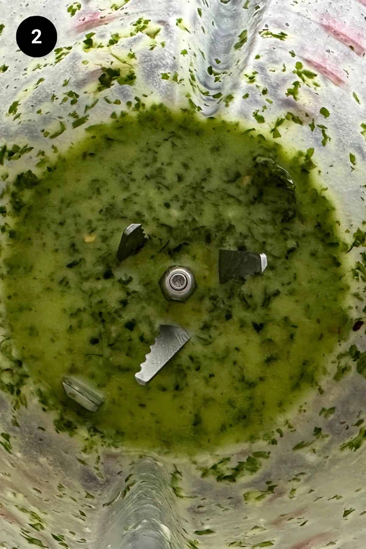 Mint chimichurri sauce in in a blender.