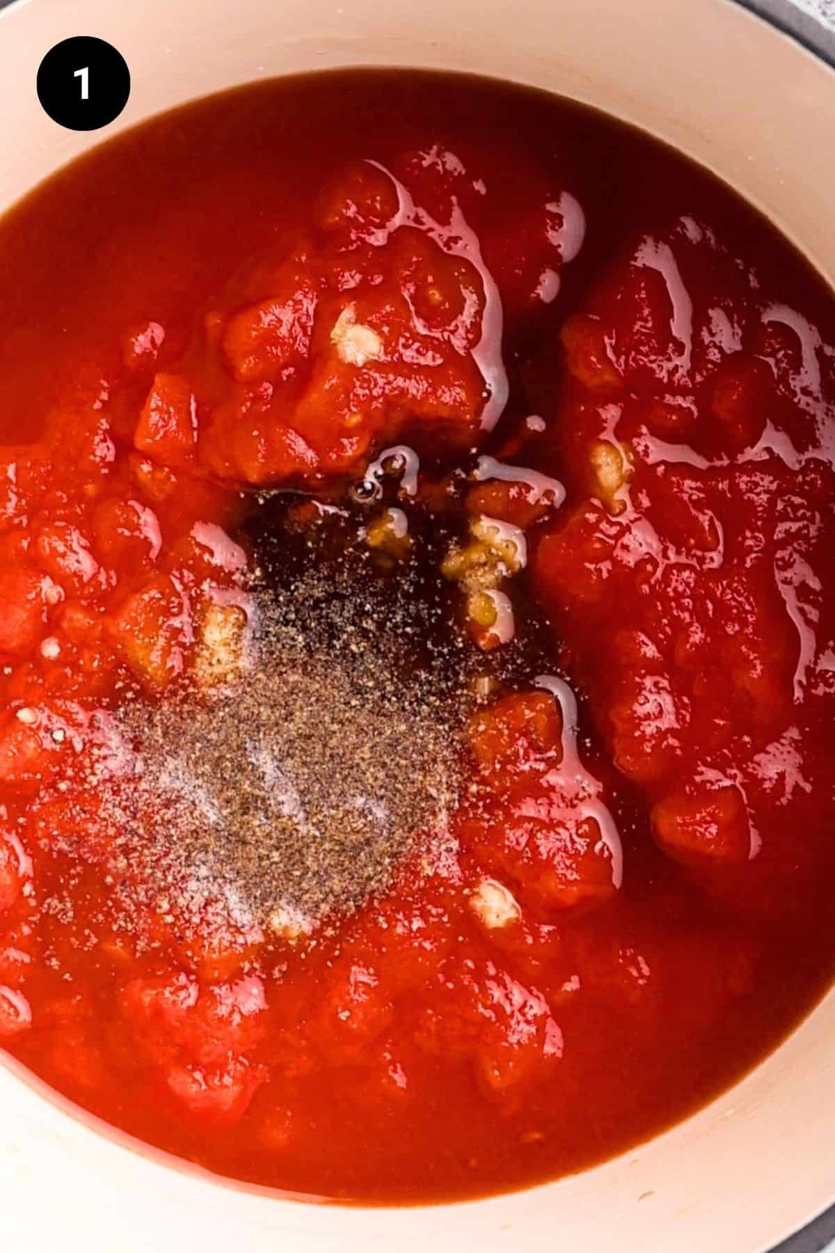 Sauce ingredients in the Dutch oven.