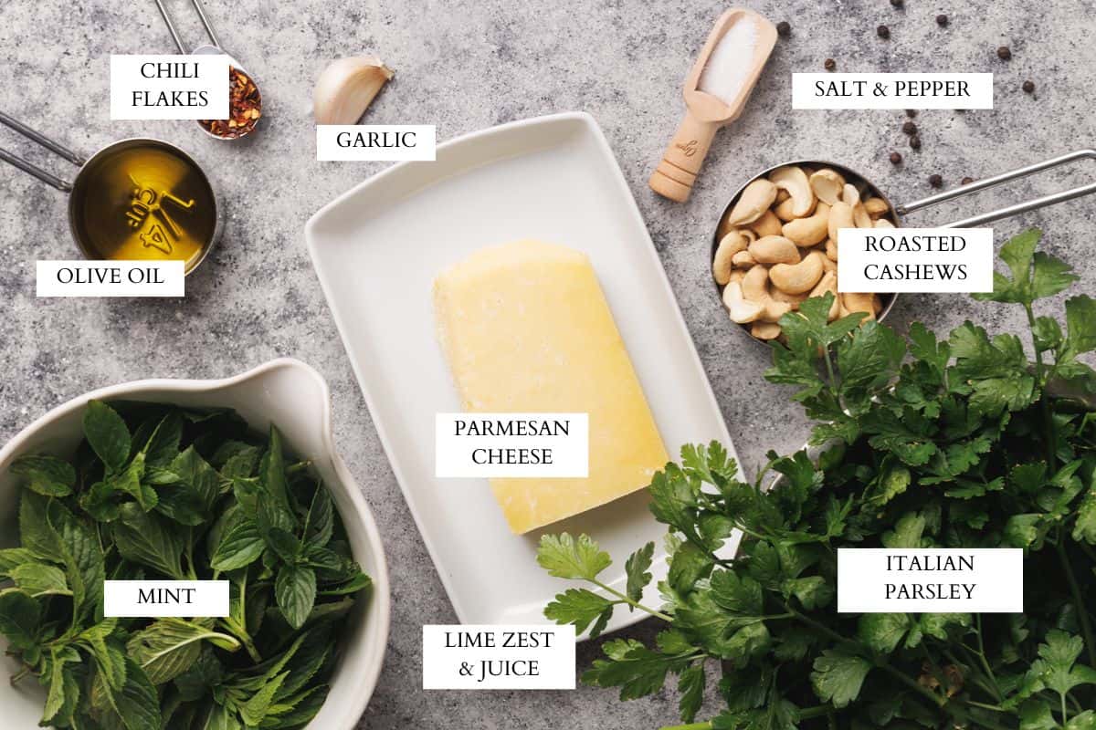 Ingredients laid out to make mint pesto.