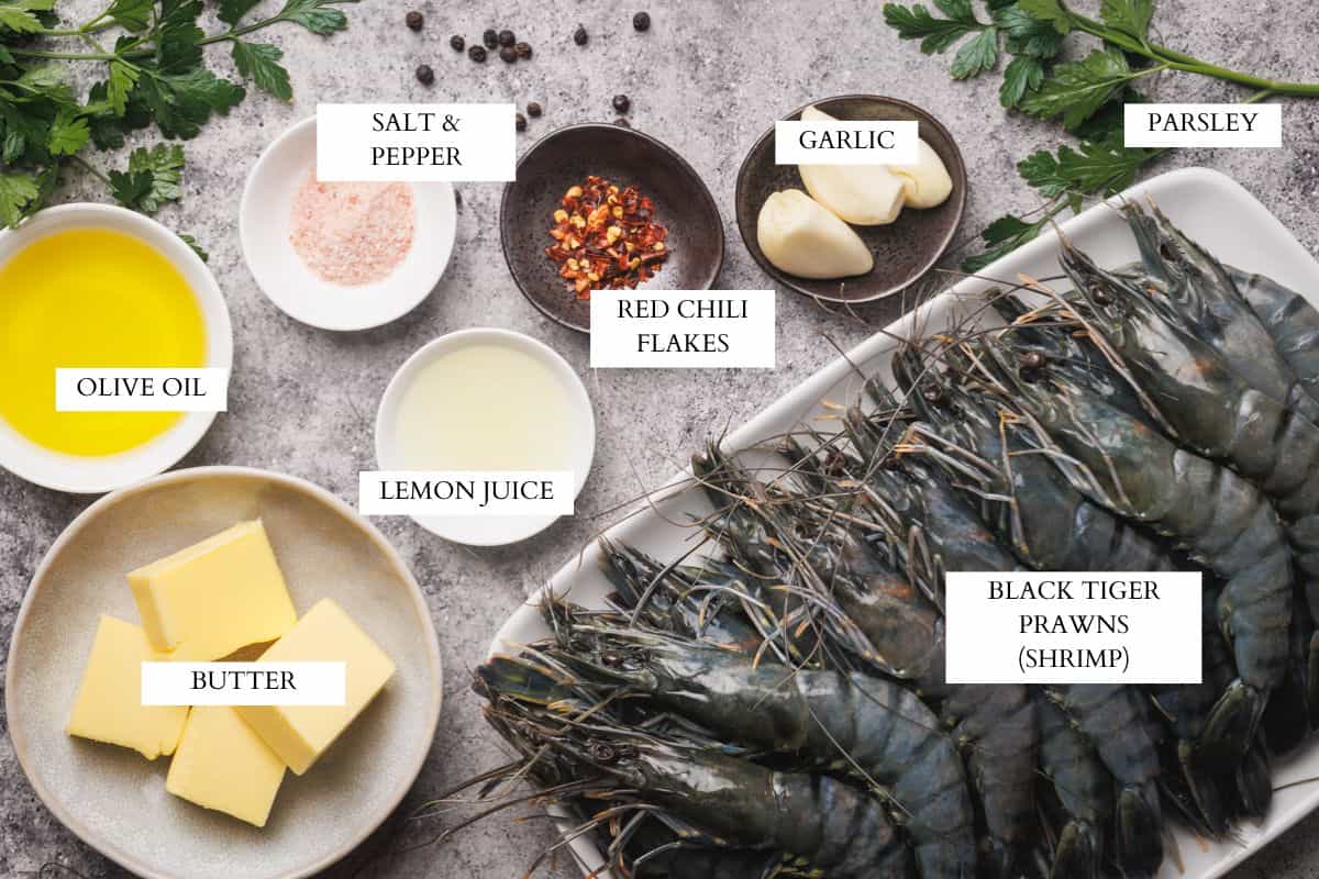 Ingredients laid out to make garlic tiger shrimp.