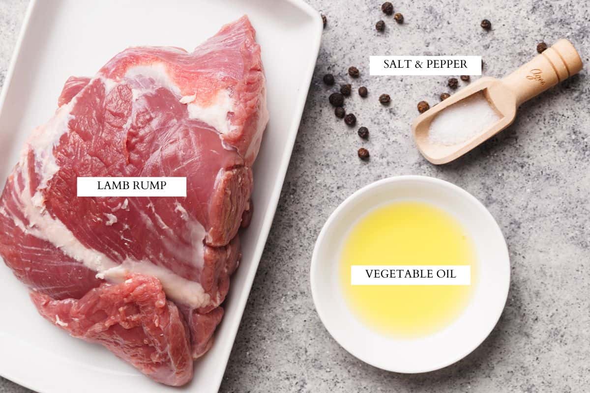 Ingredients laid out to make a simple lamb rump roast.