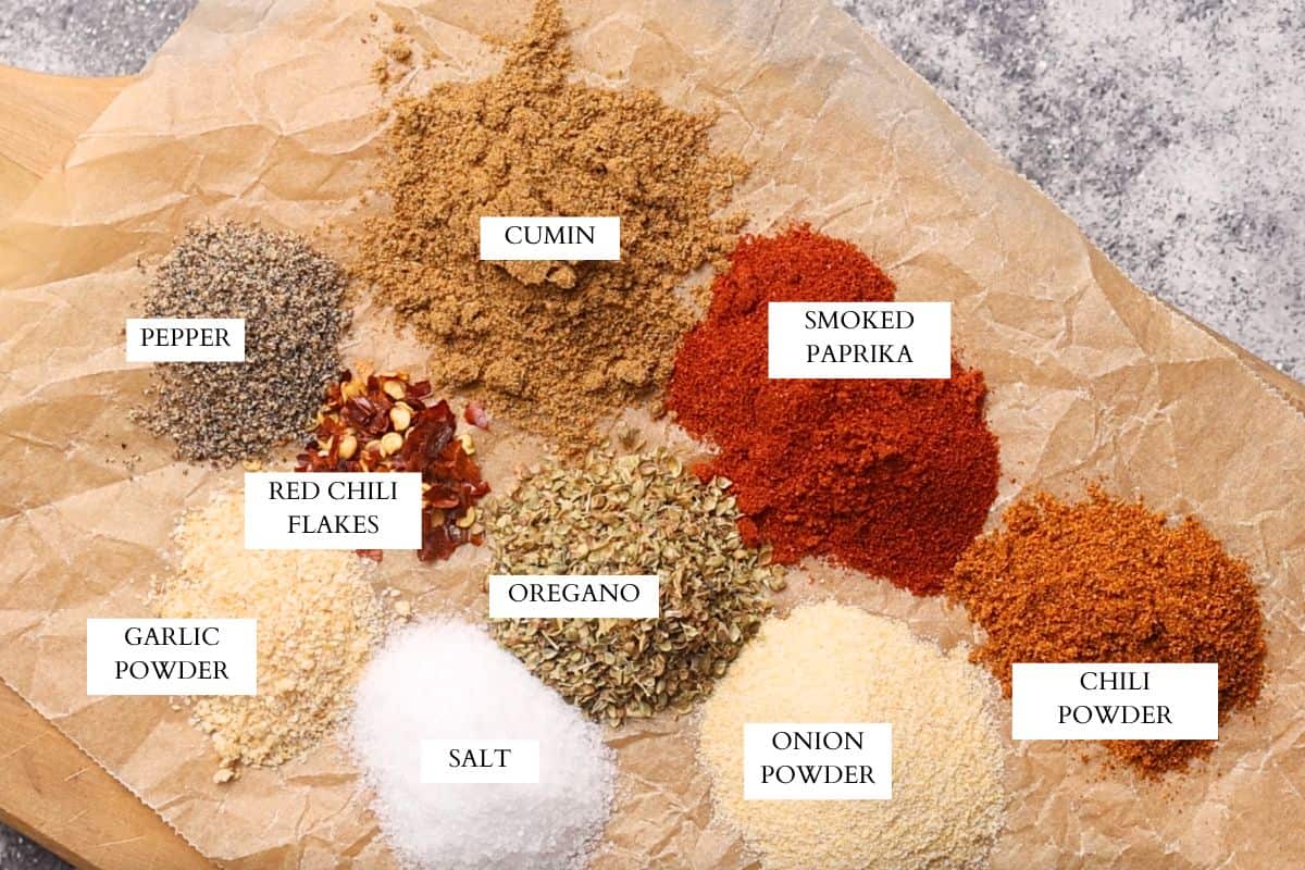 Ingredients laid out to make taco seasoning.