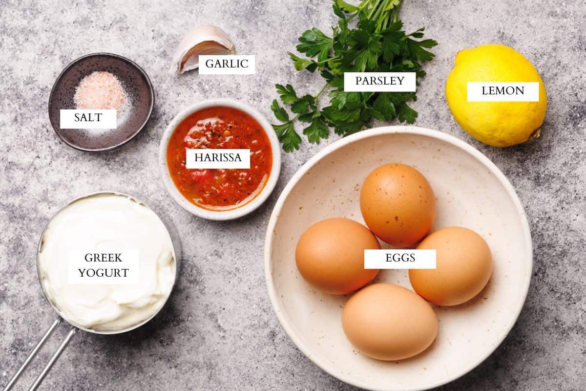 Ingredients laid out to make Turkish eggs.