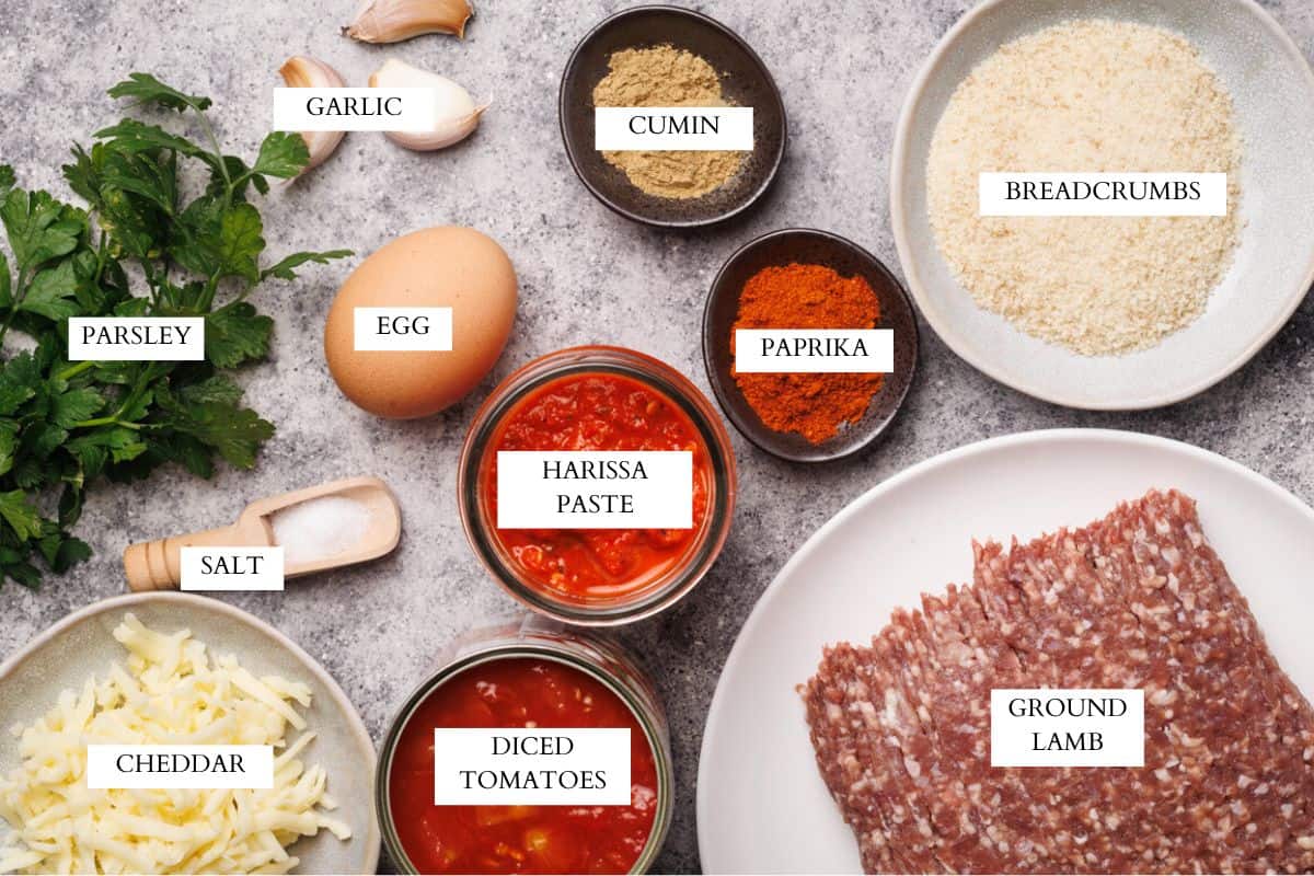Ingredients laid out to make harissa meatball.