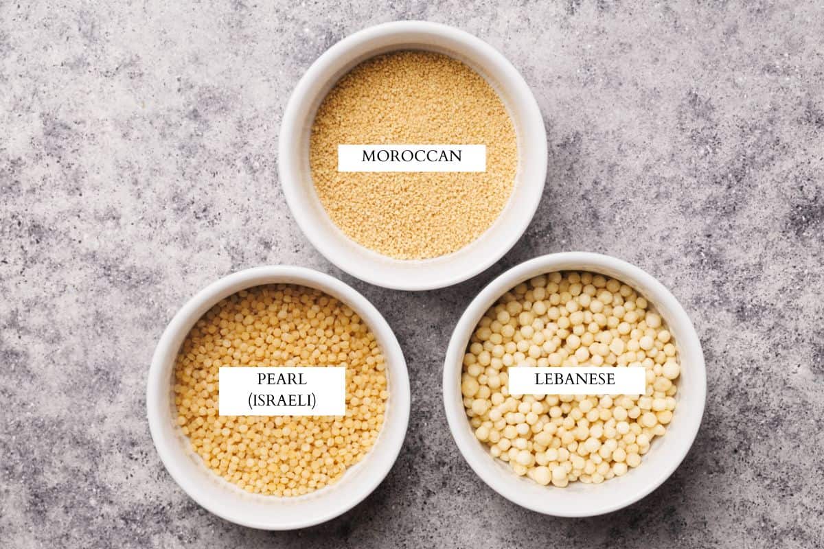 three white bowls with three different types of couscous.